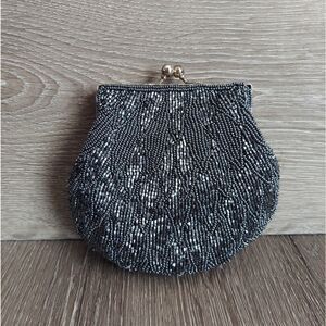Vintage La Regale Gray Beaded Kiss Lock Mini Handbag / Coin Pouch